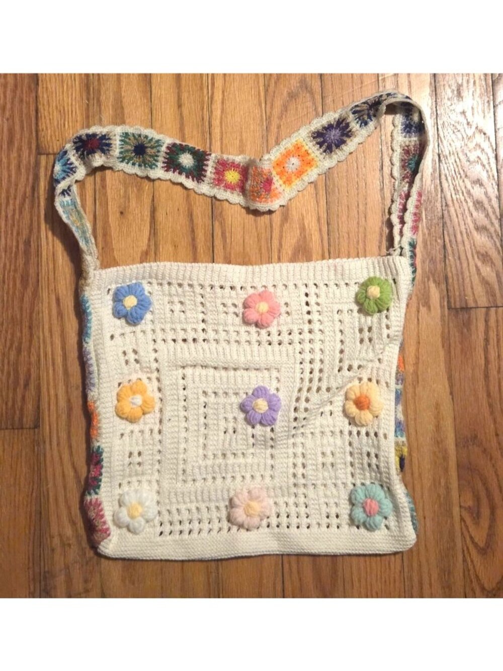 Crochet Shoulder Bag With Colorful Floral Strap Handmade Boho Style